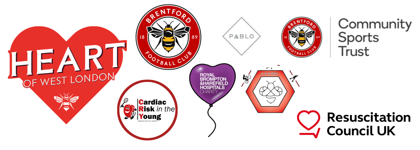 The partner logos for The Heart of West London Partnership. A red heart with a Heart of West London across it. A red circle with a yellow & black bee inside and the words 'Brentford Football Club surrounding it'. A red circle with a cartoon heart and the words 'Cardiac Risk in the Young', a red heart with a red tick heart rhythm underneath and the words 'Resuscitation Council UK', an orange-red hexagon with triathlon images around the top and the words 'AKA Day' and a purple heart balloon on a string.  