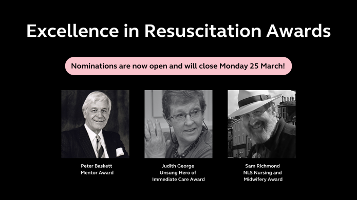 Text reads "Excellence in Resuscitation Awards" with images of honourees.