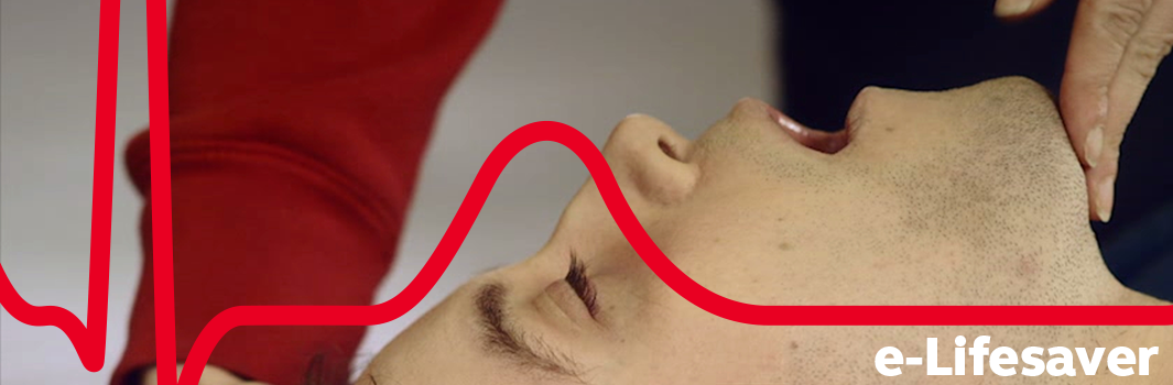 A person opens the airway of a collapsed person, in an e-Lifesaver still.