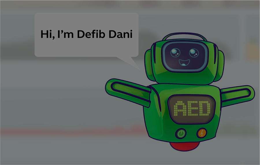 Animated character Defib Dani with speech bubble that reads 'Hi, I'm Defib Dani'