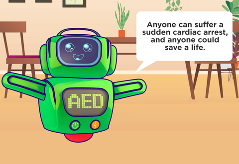 Animated defibrillator character called Defib Dani is smiling with a text bubble saying "Anyone can suffer a sudden cardiac arrest, and anyone could save a life."
