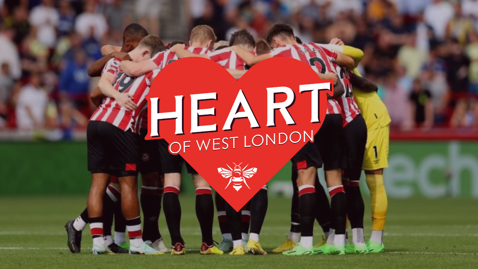 Heart of west london logo over image of football players huddled on pitch