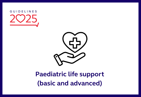 Paediatric Life Support (basic and advanced) and hand graphic with heart with plus sign inside