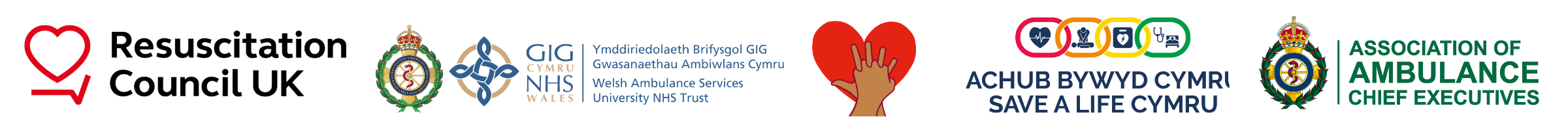 Resuscitation Council UK logo alongside logos from supporting organisations: Welsh Ambulance Services University NHS Trust, Save a Life Cymru, Association of Ambulance Chief Executives