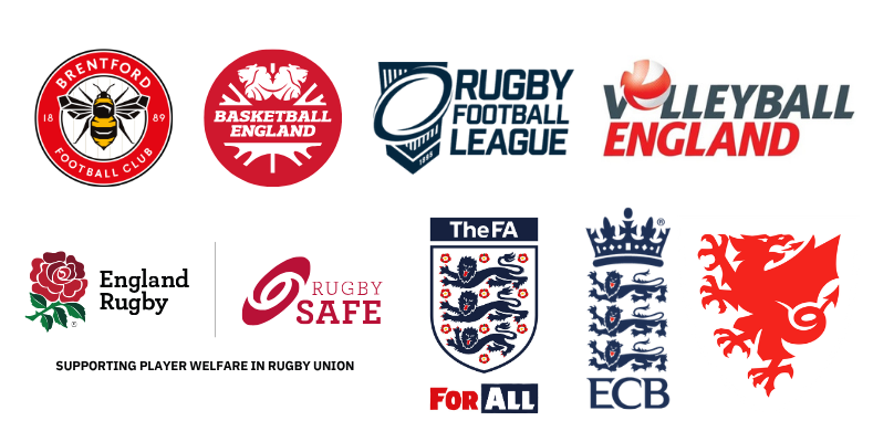 Collage of logos for Brentford FC, Basketball England, Rugby Football League, Volleyball England, England Rugby, The FA, England and Wales Cricket Board.