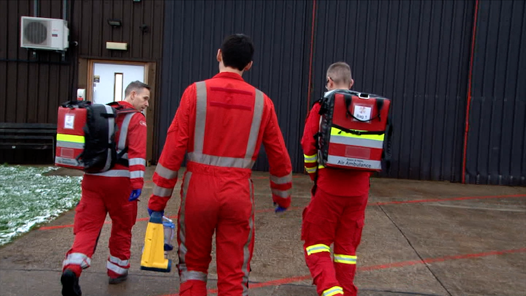 Matt (Student), Tony (Paramedic) and Mike (Doctor) walk back to base to begin an operational debrief.