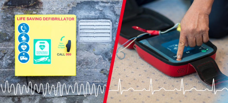 One half of the image shows a public access defibrillator mounted on a wall with a white ECG pattern showing no heartbeat, the other half of the image is a hand pressing the shock button on a defibrillator, with a white ECG patter overlaid symbolising the heart beating again 