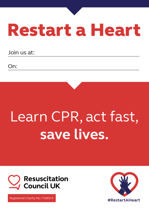 Preview of a poster for Restart a Heart with the tagline 'Learn CPR, act fast, save lives.' There is a space to fill out when and where your event is happening.