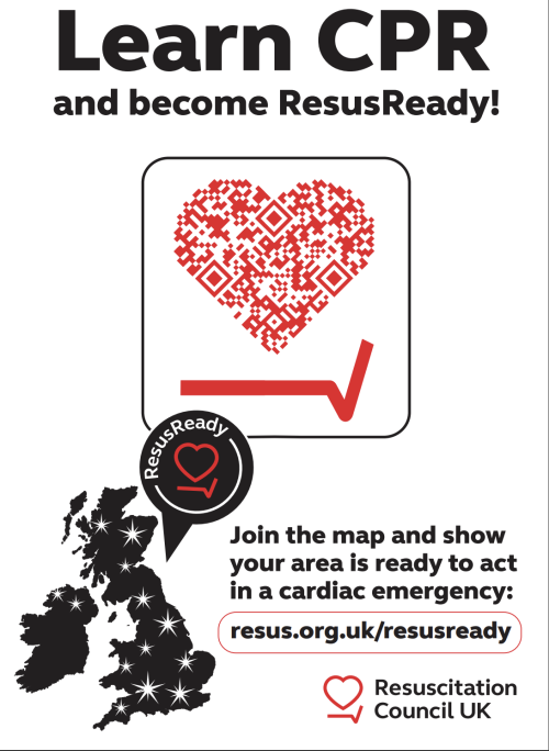 Preview of poster with white background encouraging people to learn CPR and join the ResusReady map