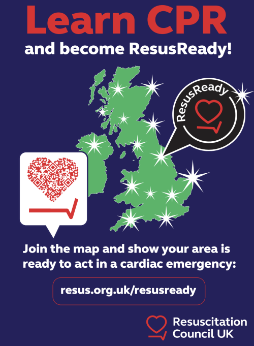 Preview of poster with dark blue background encouraging people to learn CPR and join the ResusReady map. There is a green UK map in the centre with several glowing white pinpoints.