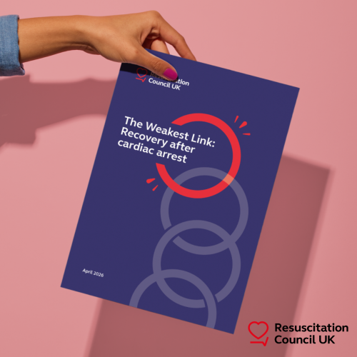 Hand holding a copy of 'The Weakest Link: Recovery after cardiac arrest' report against a pink background. Resuscitation Council UK logo is in the bottom right hand corner.