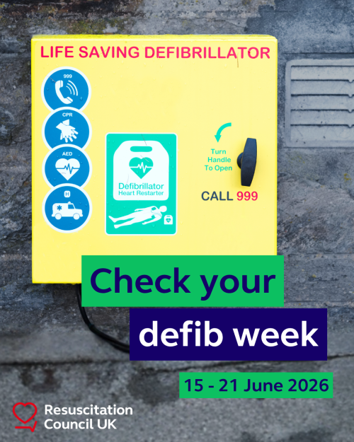 Defibrillator with overload text "Check your defib week, 15-21 June 2026". Resuscitation Council UK logo is in the bottom left corner
