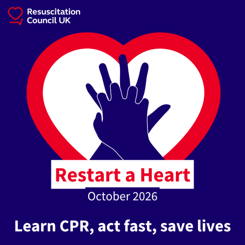 Restart a Heart logo against a dark blue background with text reading "Restart a Heart: October 2026. Learn CPR, act fast, save lives"
