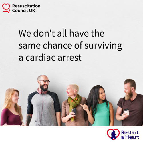 A group of men and women of different ethnicities standing against a walk. Text on the wall reads "We don't all have the same chance of surviving a cardiac arrest"