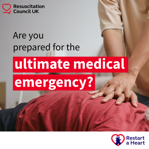 Person performing CPR with text overlaid "Are you prepared for the ultimate medical emergency?"