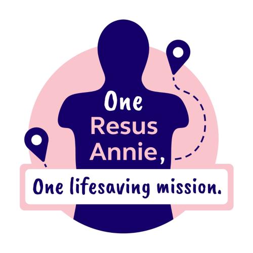 logo for Annie on Tour. It includes the silhouette of a resus manikin with the slogan "one resus annie, one lifesaving mission"