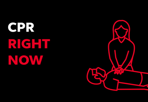 A line drawing of a person doing CPR with the words CPR RIGHT NOW
