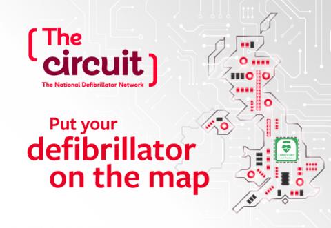 A map of the UK with text saying 'put your defibrillator on the map'