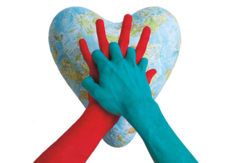 Restart a Heart logo. Two hands over a heart shaped like a world.