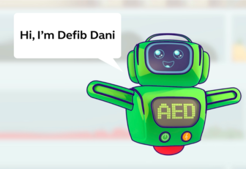 Defib Dani with speech bubble that reads 'Hi, I'm Defib Dani'