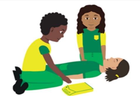 Illustration of St John's Ambulance first responders and a patient on the ground
