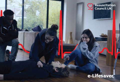 A group of young people checking if their friend lying on the ground is responsive. Overlayed with ECG line.  
