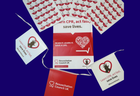 Bunting, posters and stickers displayed on blue background