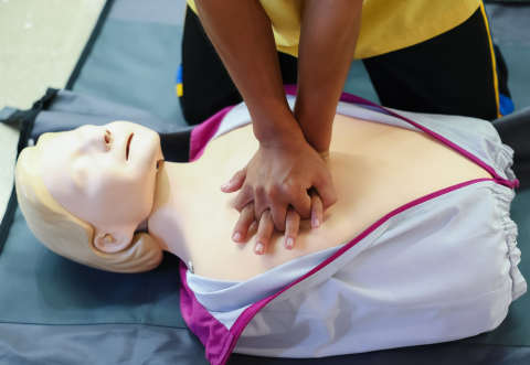 person with hands interlocked practicing CPR on a training manikin