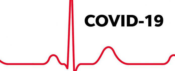 A normal heartbeat ECG with the word 'COVID-19' next to it.