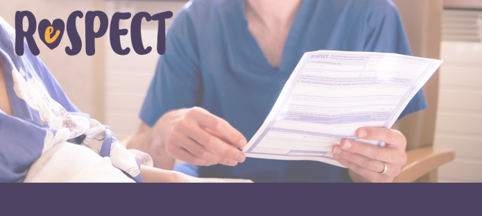 A healthcare professional shows a ReSPECT form to a person. There is also a logo that says 'ReSPECT'.