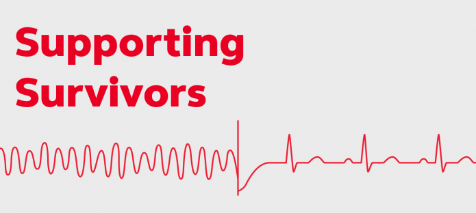 An ECG on a grey background. Text says 'supporting survivors'