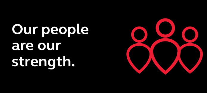 A graphic of three people standing together. Text says 'our people are our strength'.