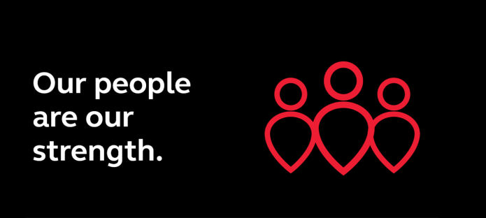 Text says 'our people are our strength', alongside a graphic of people next to one another.