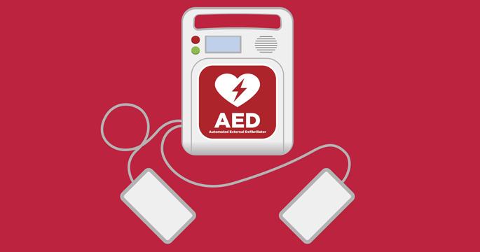 An infographic of a defibrillator against a red background