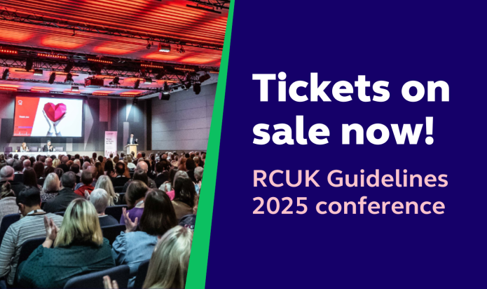 A conference room full of people looking towards the stage. This image is set against a dark blue background with "Tickets on sale now!" in bold white text, and "RCUK Guidelines 2025 conference" in smaller light pink text underneath.