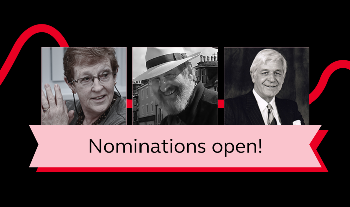 A black background featuring three black and white portraits of resuscitation legends whom the Excellence in Resuscitation Awards are based on. A red ribbon-like design flows behind the portraits. Below the images, a pink banner with bold black text reads, "Nominations open!"
